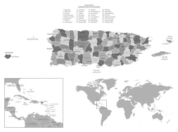 ilustrações de stock, clip art, desenhos animados e ícones de puerto rico - highly detailed black and white map. - puerto rico map vector road