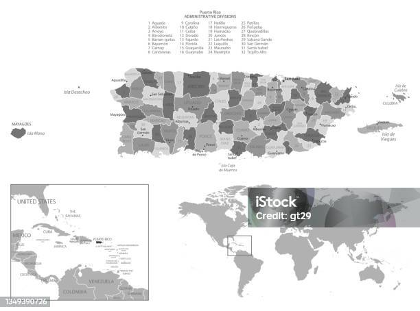 Puerto Rico Highly Detailed Black And White Map Stock Illustration - Download Image Now - Puerto Rico, Map, San Juan