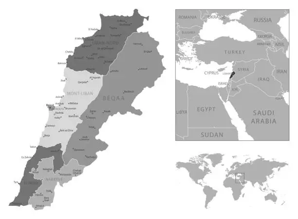 Vector illustration of Lebanon - highly detailed black and white map.