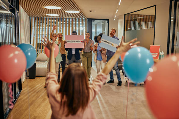 istock Surprise for businesswoman who return to work 1349390756