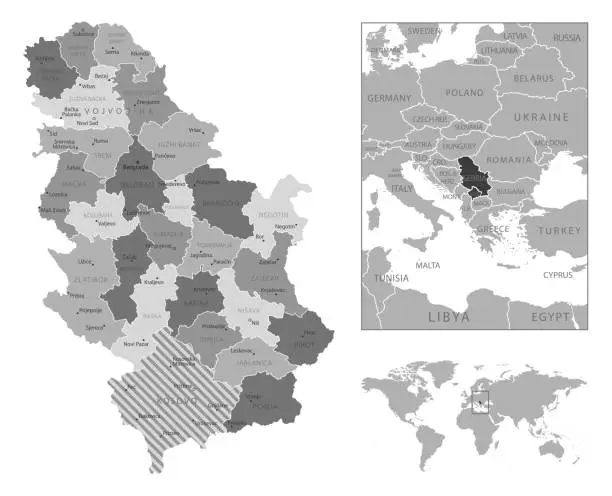 Vector illustration of Serbia - highly detailed black and white map.