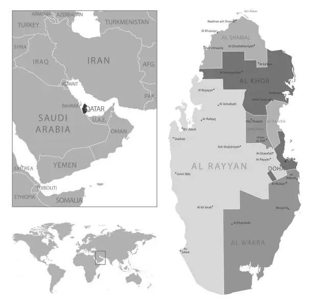 Vector illustration of Qatar - highly detailed black and white map.