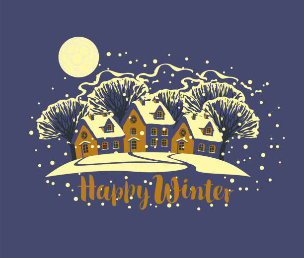 night winter landscape with snowy houses and trees Vector banner or greeting card with night winter landscape in cartoon style. Decorative illustration with cute houses, snowy trees, full moon and the inscription Happy winter on a dark blue background wintry landscape january december landscape stock illustrations