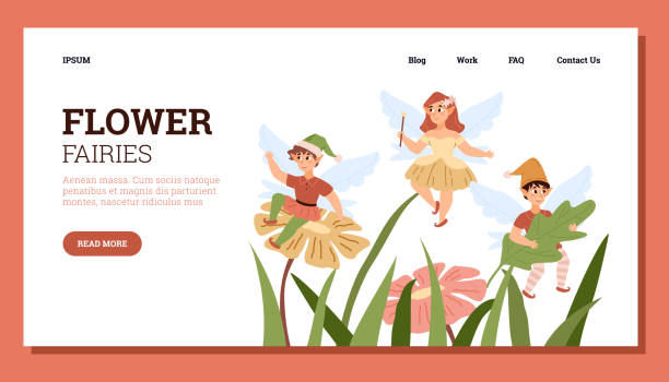 układ banera strony internetowej wróżek kwiatowych, płaska ilustracja wektorowa. - wing fairy costume design element insect stock illustrations
