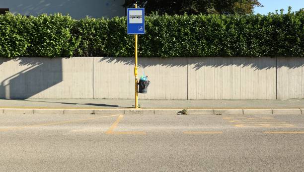 bus stop with pole, sign and full waste bin. concrete wall and hedge on behind, asphalt road in front. - bushalte stockfoto's en -beelden