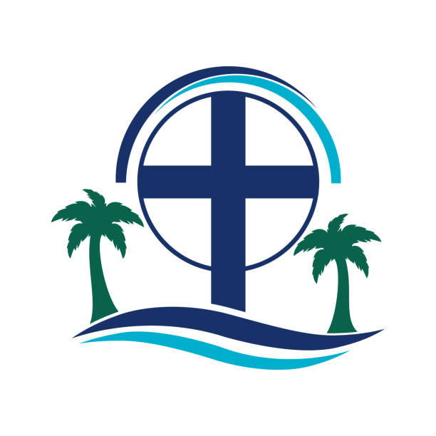 Christian church cross beach vector logo design. Christianity church tree logo design. dhow stock illustrations