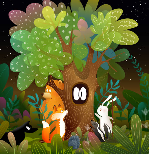 ilustraciones, imágenes clip art, dibujos animados e iconos de stock de animales en dark spooky forest fairytale cartoon - book magic picture book illustration and painting