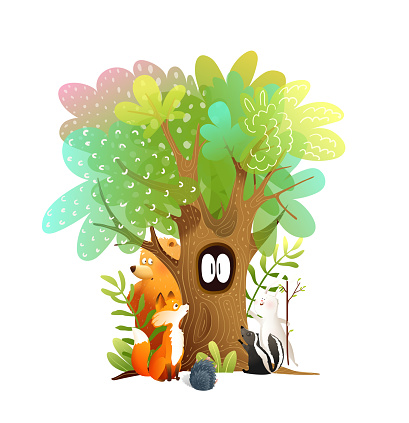Animals in spooky forest looking at the big eyes in the hollow of the tree. Kids fairytale watercolor style mystery story illustration. Isolated clipart for children vector design.