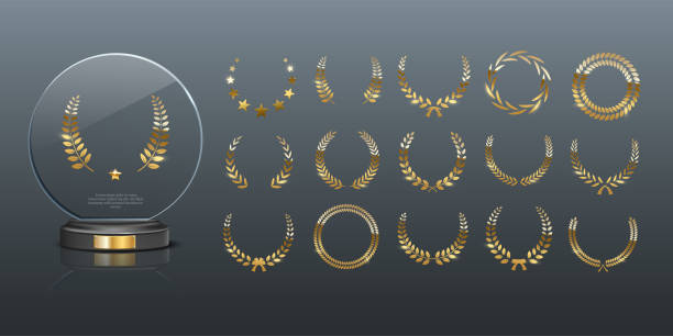 골드 월계수 화환, 3d 사실아크릴 모형 상 수상자 - geometric shape backgrounds metal circle stock illustrations