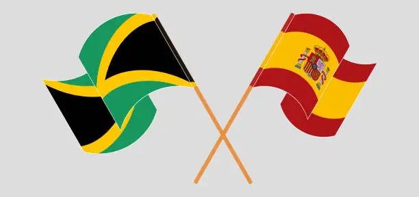 Vector illustration of Crossed and waving flags of Jamaica and Spain