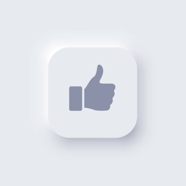 Neumorphism button icon, 3d web interface element of square shape with rounded corners Neumorphism button icon vector illustration. 3d neumorphic web interface element of square shape with rounded corners, hand thumbs up and shadow, user menu design isolated on white background thumbs up 3d stock illustrations