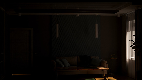 night light from a window in a dark room 3d rendering