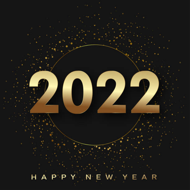 2022 Happy New Year poster with golden numbers on black background. Vector 2022 Happy New Year poster with golden numbers on black background. Vector. cherry colored stock illustrations