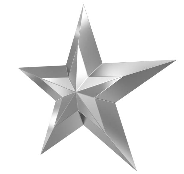 istock 5 point star - Christmas Star - silver metal single isolated on white - 3d rendering 1349408803