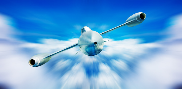 Avión a reacción supersónico futurista vuela en las nubes photo
