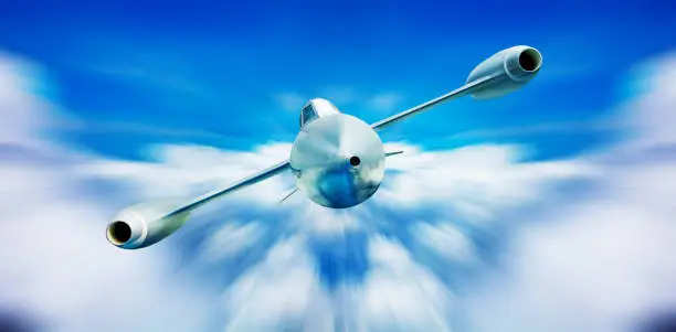 Futuristic supersonic jet airplane at high altitude in the sky