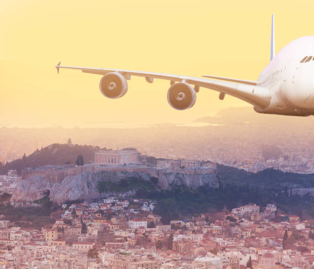 istock Front view of jet airplane fly mid air in Athens 1349410633