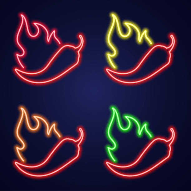 istock Neon icon set chilli with fire. Signboard with hot burning pepper. Spice Levels vector illustration. Night bright signs. 1349411871