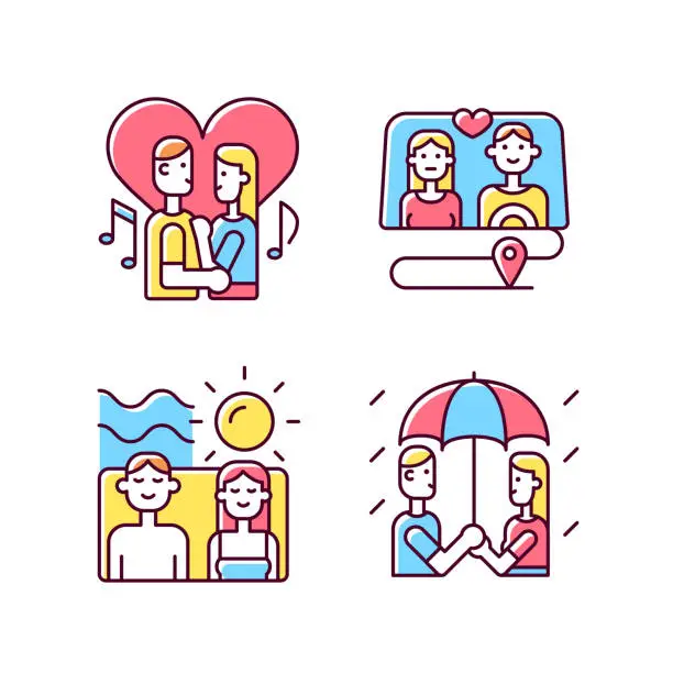 Vector illustration of Couple quality time RGB color icons set