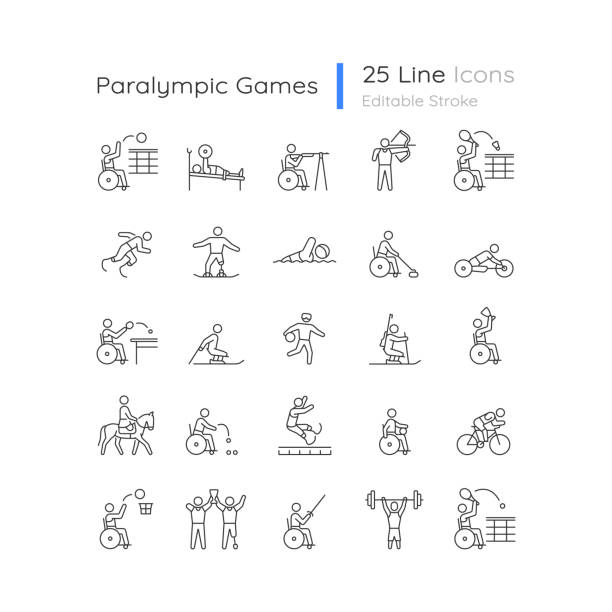 illustrazioni stock, clip art, cartoni animati e icone di tendenza di set di icone lineari per competizioni sportive - silhouette interface icons wheelchair icon set