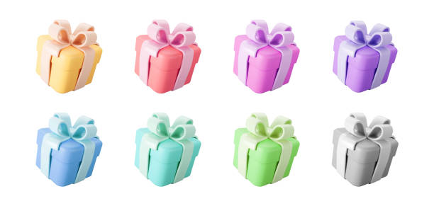 ilustrações de stock, clip art, desenhos animados e ícones de 3d color gift boxes set with pastel ribbon bow isolated on a white background. 3d render flying modern holiday closed surprise box. realistic vector icon for present, birthday or wedding banners - anniversary present