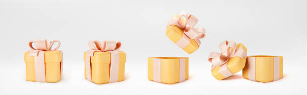 3d оранжевые подарочные коробки открываются и закрываются стоя на полу с желтой пастельной лентой бантом, изолированным на светлом фоне. 3d р - yellow box stock illustrations