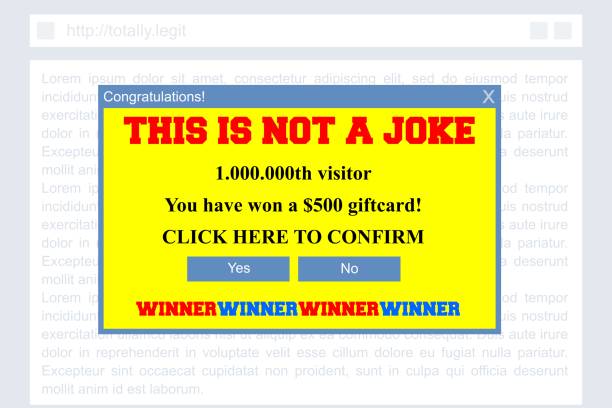 Internet winner popup - fake banner Fake winner pop up window. Malicious online advertising popup banner. マーケティング stock illustrations