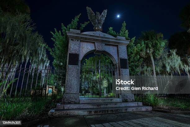Cemetery Gate Stock Photo - Download Image Now - Cemetery, Night, Savannah