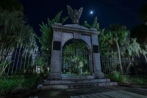 The gate to a cemetery at night with the moon shining bright.