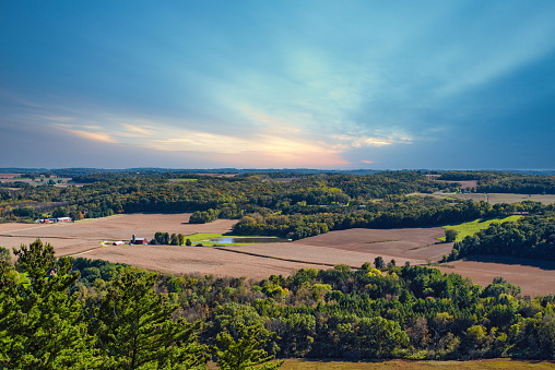 Aerial view of farm and farmland in rural Wisconsin, USA