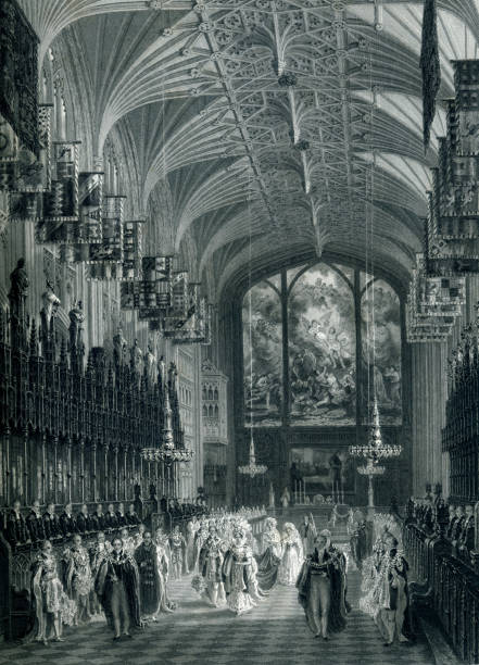 St George's Chapel Windsor Castle Installation of Kinghts of the Garter Rare interior of St George's Chapel in the Royal Castle Windsor Castle. Ceremony taking place is part of an installation of Knights of the Garter. vintage garter belt stock illustrations