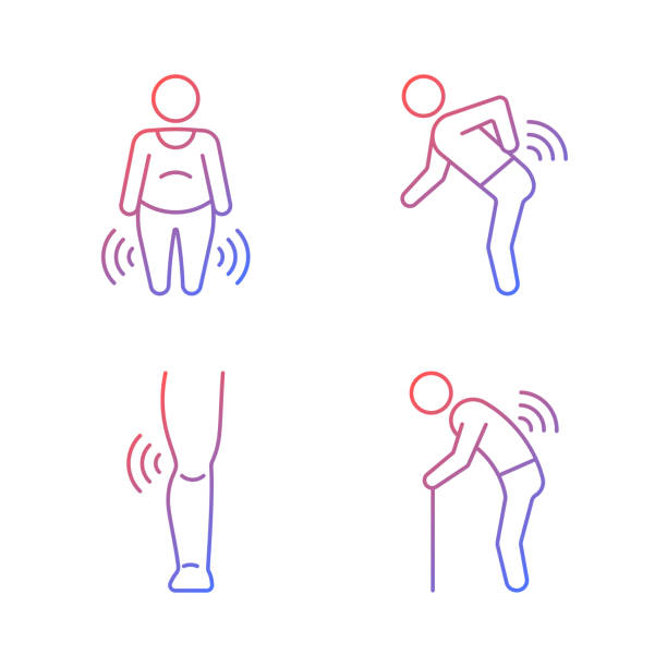 Elderly patients with arthritis gradient linear vector icons set Elderly patients with arthritis gradient linear vector icons set. Body weight. Back rheumatism. Joint damage in children. Thin line contour symbols bundle. Isolated outline illustrations collection obese joint pain stock illustrations