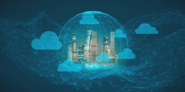 istock Abstract polygonal sphere with clouds and city on wide blue texture. Technology, network and future building concept. 3D Rendering. 1349423547