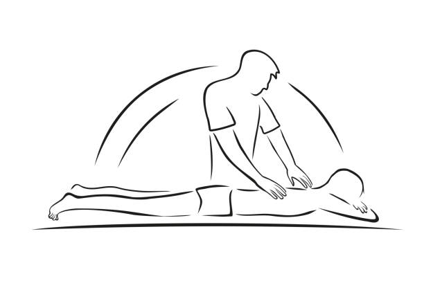 illustrazioni stock, clip art, cartoni animati e icone di tendenza di una persona sta massaggiando la schiena di un'altra persona. massaggi - osteopata