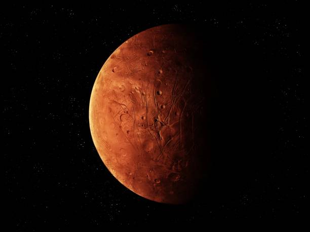 istock Red rocky planet on black background with stars. 1349426144