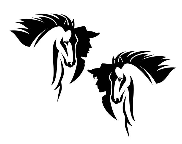 ilustrações, clipart, desenhos animados e ícones de cowboy, cowgirl e cavalo cabeça preto retrato vetor - silhouette white background black white