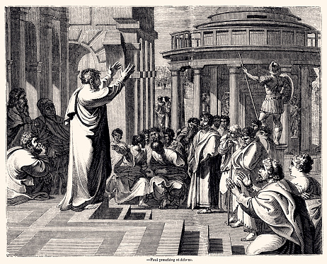 Paul Preaching at Athens. Vintage engraving circa late 19th century. Digital restoration by Pictore