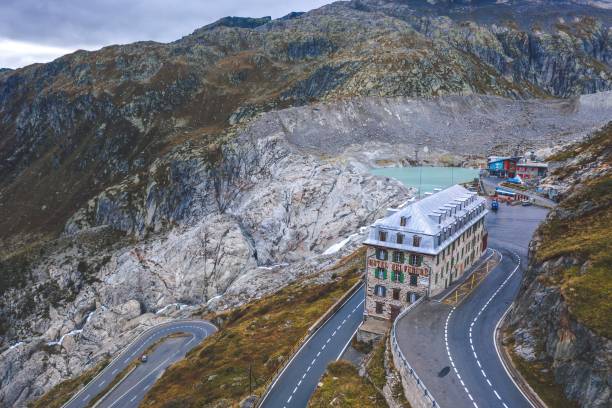 Switzerland Furka Pass, Switzerland - September 2020: Hotel on the Alpine pass furka pass photos stock pictures, royalty-free photos & images