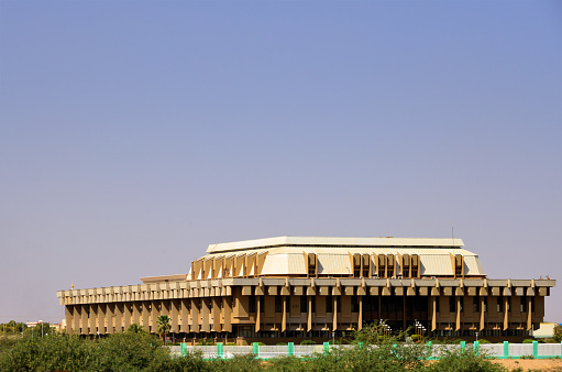 Khartoum, Sudan: the parliament building - National Assembly of Sudan, lower house of the National Legislature of Sudan (House of Representatives), Upper House (Senate) - located on the Nile riverbank in Omdurman - Brutalist architecture by the Romanian architect Cezar Lăzărescu. The overall layout invokes classic temple architecture - completes in 1978.