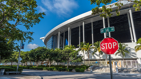 Miami, USA - October 27, 2021: Exterior photo of the Marlins Park home to the Florida Marlins Baseball Team was completed in 2012. This Major League Baseball facility, finished in 2012, has a retractable roof to shield spectators from the sun and rain.