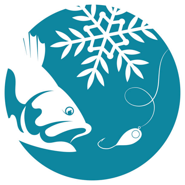 Fish snowflake tackle symbol winter fishing Fish for bait in a blue circle. Winter fishing under the ice symbol ice fishing stock illustrations