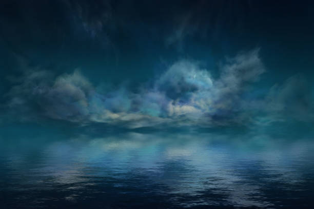 This photo illustration of a deep blue moonlit ocean at night with calm waves would make a great travel background for any coastal region or vacation, emphasizing the beauty of the night time ocean or sea.