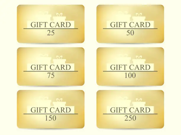 Vector illustration of Set of golden gift cards with gift box. Design template for gift and discount card, marketing products. Cards in denominations: 25, 50, 75, 100, 150, 250. Vector illustration