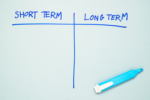 Short term versus Long term chart on the color paper with space for text, the advantage of short and long term in investment, business plan in near and far future