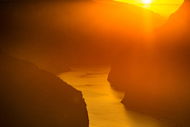 fjord landscape at sunset, norway - aurlandfjord imagens e fotografias de stock