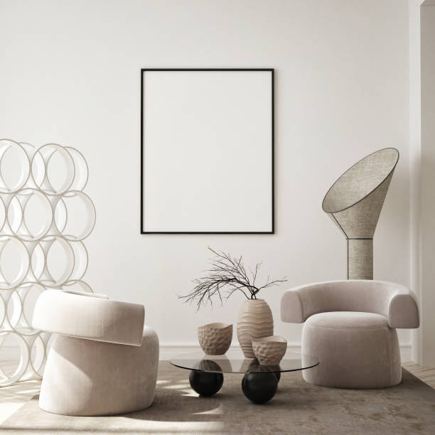 istock mock up poster frame in modern interior background, living room, Scandinavian style, 3D render, 3D illustration 1349444987