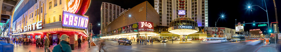 LAS VEGAS, USA - MAR 9, 2019:  the illuminated Casinos at Fremont street in Las Vegas by night. Fremont street was the first place for Casinos in Las Vegas.