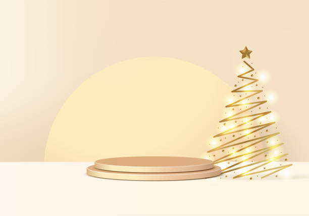 istock New Years minimal stand 3d with gold tree and podium product. Christmas tree background vector 3d with gold podium. stand to show product. Stand product showcase on christmas gold 1349448642