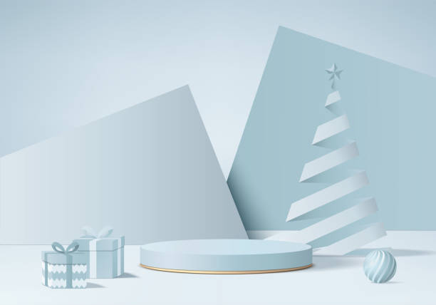 istock Christmas 3d minimal scene with gift box and podium platform. Christmas tree background vector 3d with blue podium. stand to show products. Christmas 3d showcase on pedestal blue color 1349448715