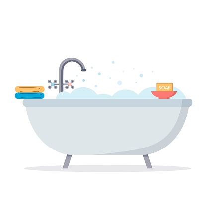 Foam bath with towel and soap. Vector illustration on white isolated background. Flat style.